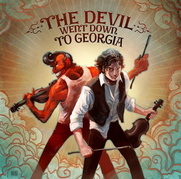 The Devil and Johnny back to back, brandishing their fiddles. The Devil's got a big grin and an elvis curl to his hair. Johnny's got his bow in a strong grip and a knowing smirk on his face.
