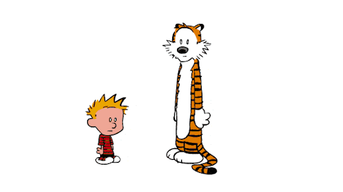 Calvin and Hobbes formally take one another's hand, dance with enthusiasm and aplomb and bow to one another at the end of the dance.