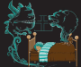 A child sleeps in their bed. The spirit of a monster emanates from a crack under the bed and rises to threaten the child. A growling defensive bear spirits emanates from the teddy bear on the child's bed, protecting the child.